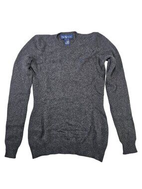 Ralph Lauren Cashmere Knit Crewneck Sweater Blue Logo Women's Size M Gray